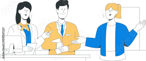 Three professionals interact at a global market reception desk, managing document flow with one holding papers, another using a scanner, and the third gesturing openly
