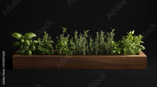 Fresh herbs in wooden box