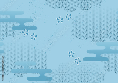 Japanese pattern simple seamless vector background clouds, haze, cherry blossoms, blue 和柄 シンプルシームレスベクター背景 雲・霞・桜（水色）