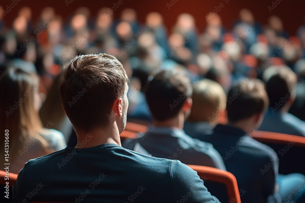 Audience members watching a show in a theater auditorium with red seats and a crowd of people inside Audience members watching a show in a theater auditorium with red seats and a crowd of people inside