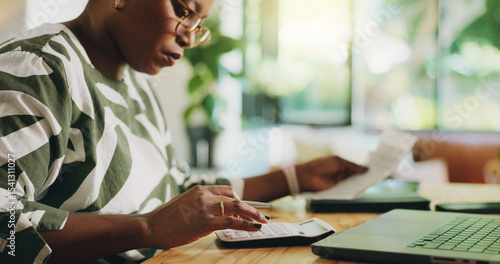 Fotografija Calculator, home and black woman with documents, audit and planning for budget, savings and rent