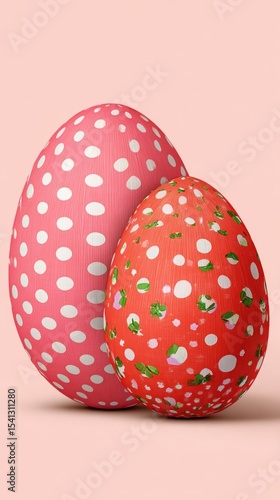 Two pastel pink Easter eggs, one atop the other, featuring polka dot and floral patterns