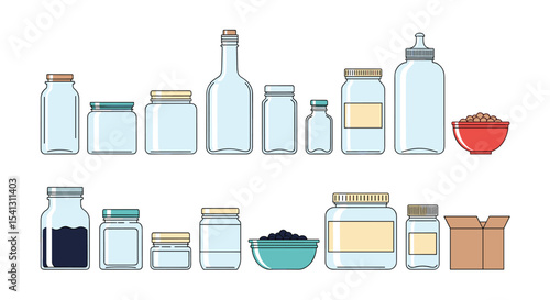 Assortment of Glass and Plastic Containers: Bottles, Jars, Bowls and Packaging Items