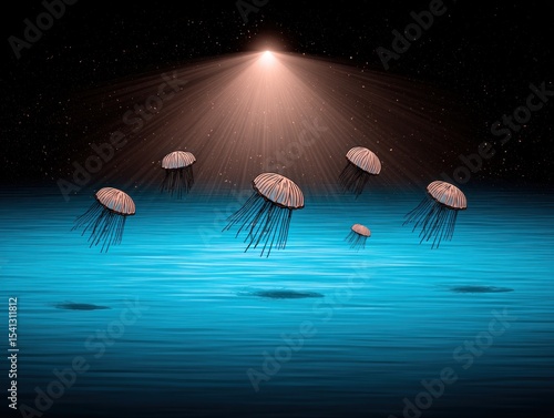 Jellyfish in a luminous underwater scene