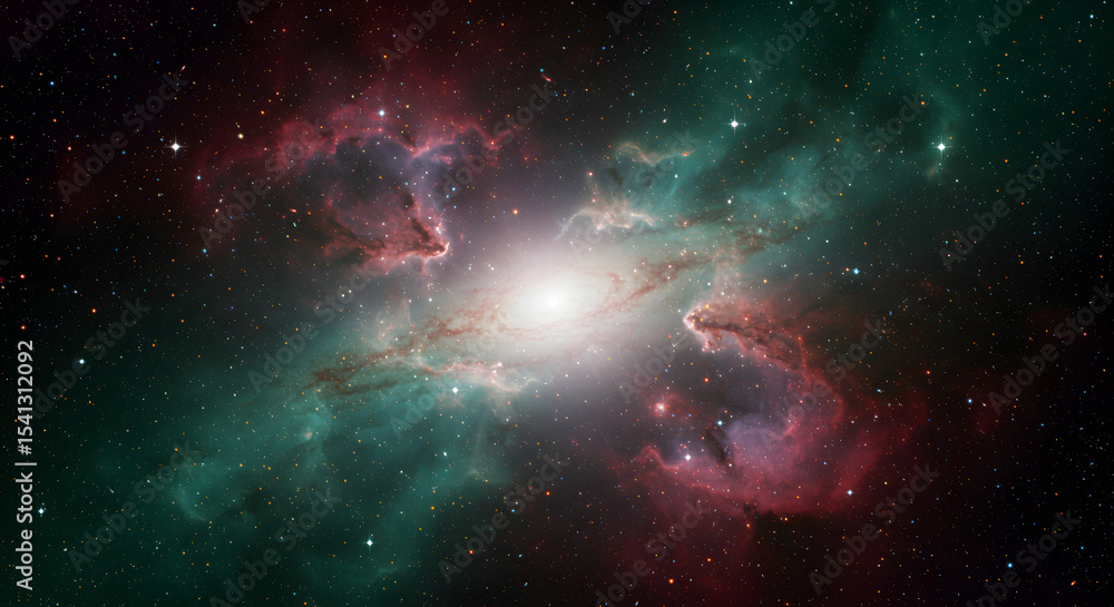 Fototapeta premium Spectacular cosmic view of a galaxy with bright core and colorful nebulae
