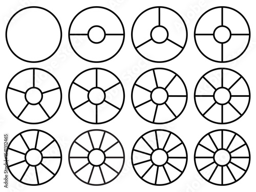 Circle division 1, 2, 3, 4, 5, 6, 7, 8, 9, 10, 11, 12 equal parts blank. Circle divided diagrams, sections, segments. Circle pie chart infographic wheel segment fraction. Infographic icons set vector.