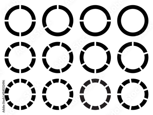 Circle division 1, 2, 3, 4, 5, 6, 7, 8, 9, 10, 11, 12 equal parts blank. Circle divided diagrams, sections, segments. Circle pie chart infographic wheel segment fraction. Infographic icons set vector.