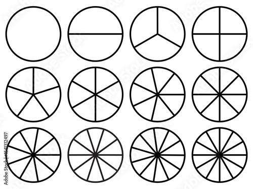 Circle division 1, 2, 3, 4, 5, 6, 7, 8, 9, 10, 11, 12 equal parts blank. Circle divided diagrams, sections, segments. Circle pie chart infographic wheel segment fraction. Infographic icons set vector.
