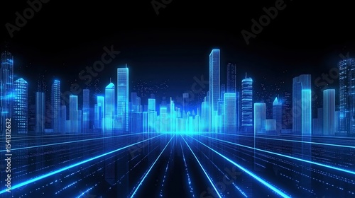  A Blue Neon City Skyline Against a Black Background, Featuring Glowing Light Lines and a Perfect Blend of Digital Technology Abstract Background, Presenting an UltraHigh Definition Vector Design with