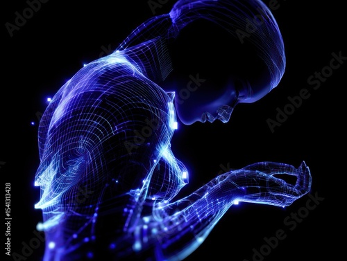 Digital woman,  glowing blue