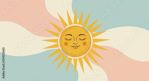 Sunshine bliss illustration, serene sun character on pastel wavy backdrop design