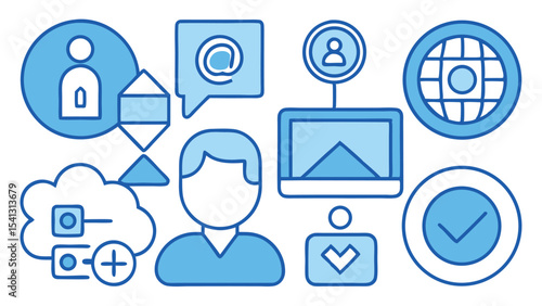 Light blue icons representing user profile, cloud storage, email, and global network concept