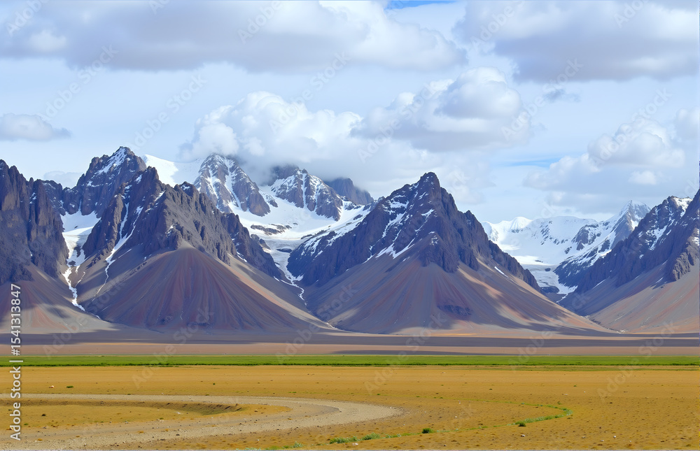Fototapeta premium Magnificent Scenery of Snow Mountains and Grasslands