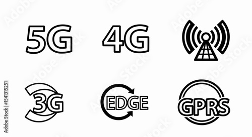 Mobile Network Technology Icons Set: 5G, 4G, 3G, EDGE, GPRS Symbols for App Design and Branding