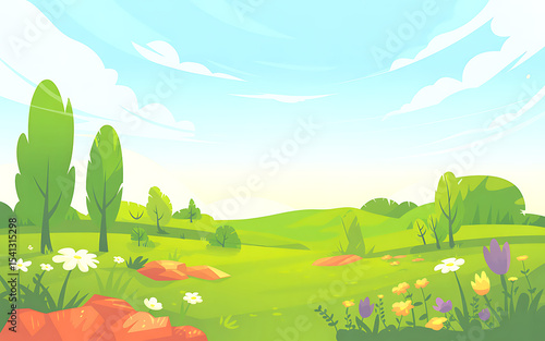 Cartoon spring landscape with green hills and flowers