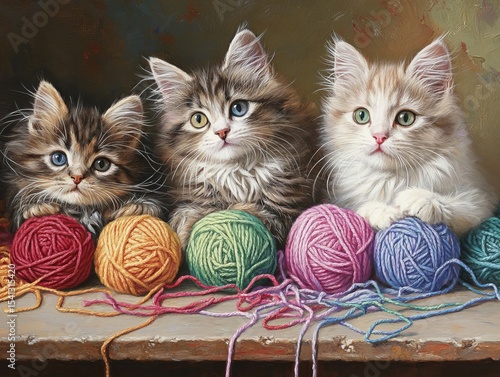 Three Cats and Colorful Balls of Yarn on a Table