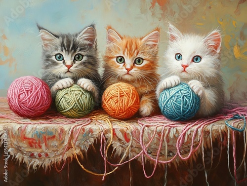 Three Cats and Colorful Balls of Yarn on a Table