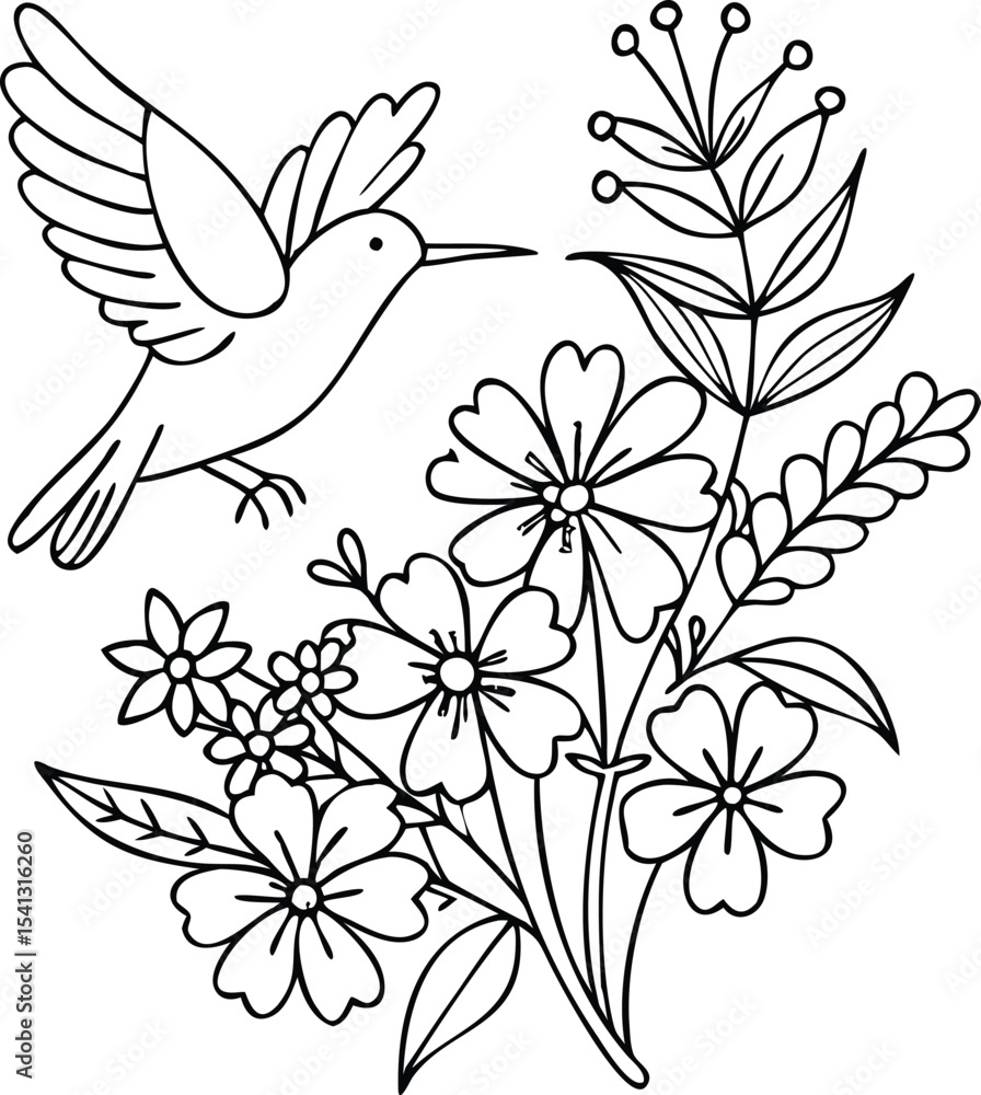 Fototapeta premium A black and white drawing of flowers with a bird on it