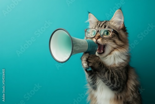 Cat with glasses using a megaphone for attention.