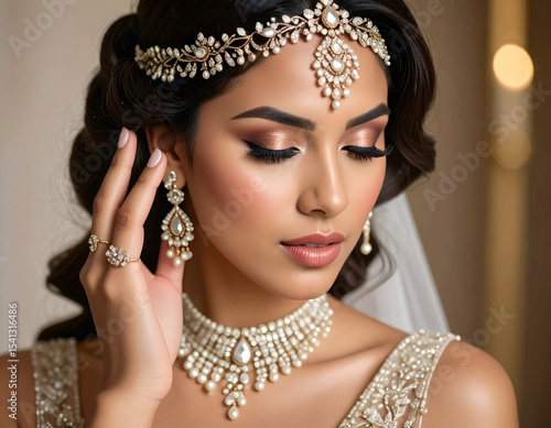 Vintage Inspired Bride Finger Waves, Bejeweled Headband, and Pearl Jewelry