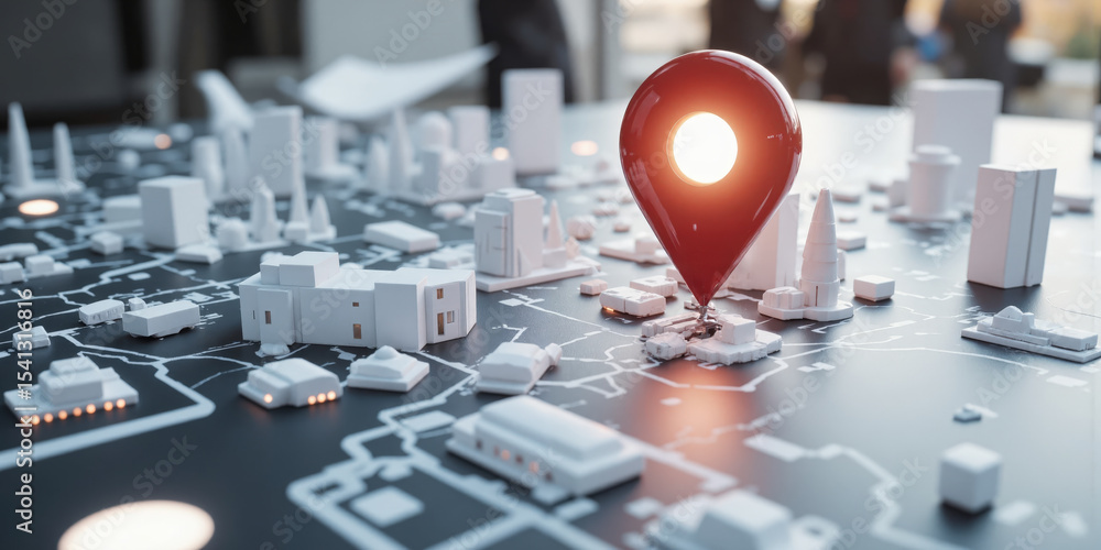custom made wallpaper toronto digitalDigital Map with Location Pin - A sleek, futuristic 3D-rendered map with a glowing red location pin. A concept-driven image