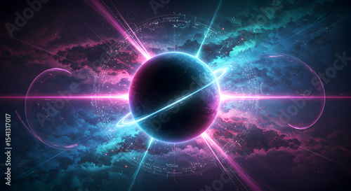 Vibrant Illustration of a Space Planet with Nebulas and Futuristic Elements