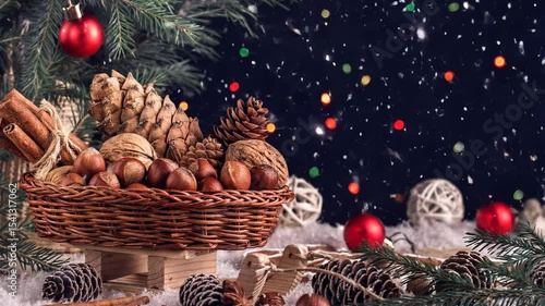 Christmas composition with pine cones, nuts and a Christmas tree on rustic wooden background. Merry Christmas and New Year concept