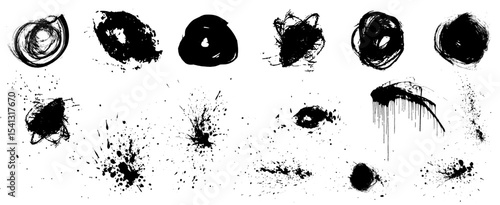 Ink splatters. Vector brush paint splashes. Chinese calligraphy black rough scribble brustrokes collection. Grunge effect urban black paint splashes, blots. Dirty punk hand-drawn spray circles