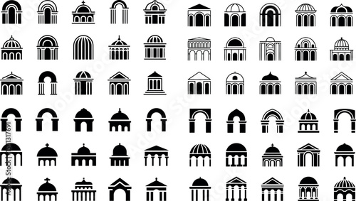This image presents a collection of black silhouettes representing various architectural elements, particularly arches and building facades.