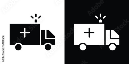 Ambulance icon in flat black solid vector set