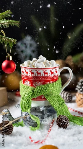  Vertical video. Red mug with hot chocolate and marshmallows with fir-tree branches, orange fruits and cones. Merry Christmas and happy new year greetings postcard. 