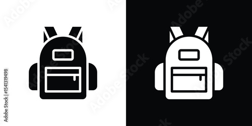 Backpack icon in flat black solid vector set
