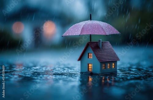 Miniature House Protected by Umbrella in a Rainy Night Flood