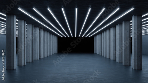 Minimalist interior with concrete columns and glowing light panels, embodying modern simplicity and spacious elegance