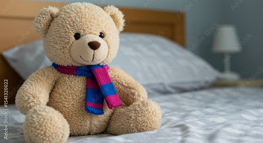Cute Plush Teddy Bear Sitting on Bed in Cozy Bedroom Setting with Soft Lighting Cute Plush Teddy Bear Sitting on Bed in Cozy Bedroom Setting with Soft Lighting