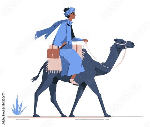 Woman Riding Camel in Cartoon Style with Blue Attire and Scarf
