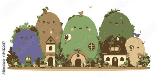 Cartoon Style Vector Illustration of Charming Whimsical Hills and Houses