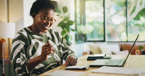 Tableau sur toile Happy, black woman and finance with laptop for payroll, tax return or budget planning at home