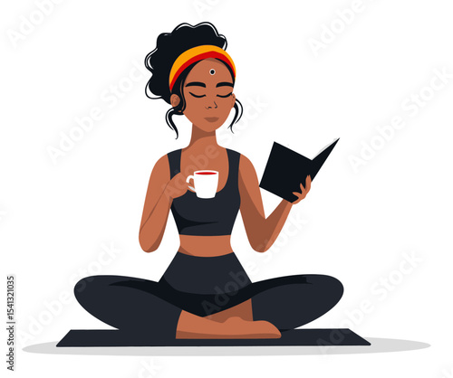 Relaxing Woman in Yoga Pose with Coffee and Book in Cartoon Style