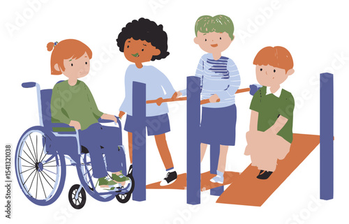 Four Children Engaging in Play at an Inclusive Playground Design