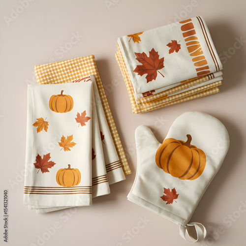 Autumn kitchen textiles with pumpkin and leaf patterns create a cozy fall atmosphere for baking and cooking Generative AI