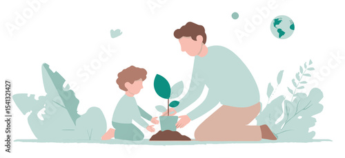 Father and Child Planting a Young Green Plant Together in a Bright Environment