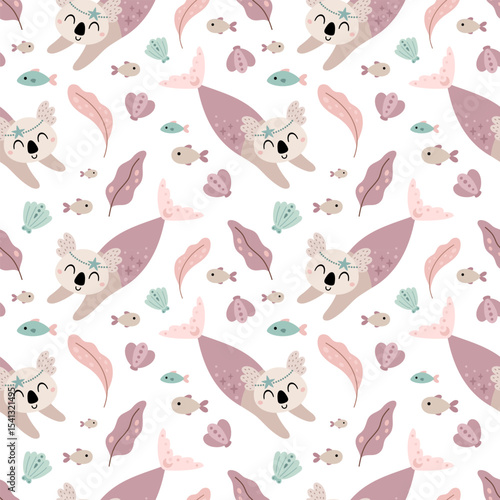 Cute mermaid seamless pattern. Adorable sea pattern for kids. Whimsical ocean paper, hand drawn vector design in flat style