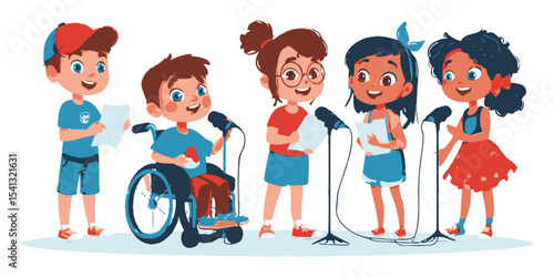 Joyful Kids Singing Together in Colorful Vector Illustration