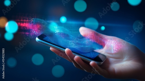 Hand holding mobile device with floating AI screen showing voice recognition waveform