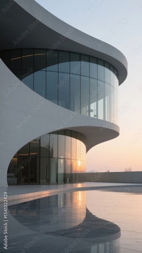 Obraz premium Modern Curved Building with Reflective Glass Facade at Sunset
