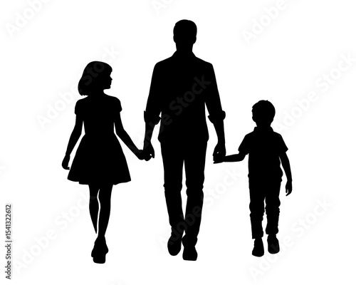 Family silhouette, a father and his son and daughter walking hand in hand, isolated icon on white background