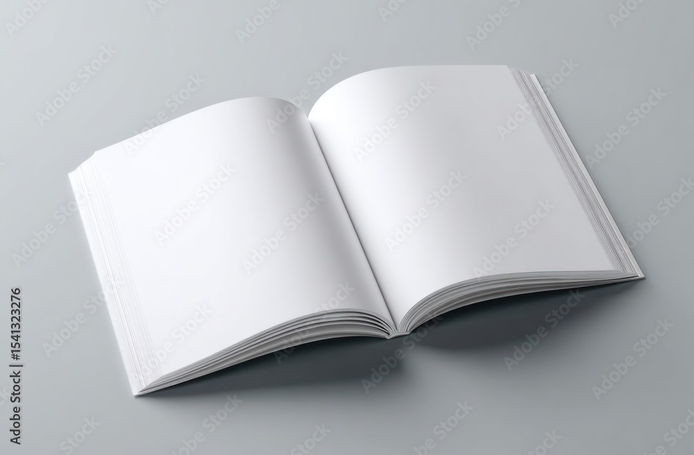 Open blank book with white pages on a gray surface, ready for content Open blank book with white pages on a gray surface, ready for content
