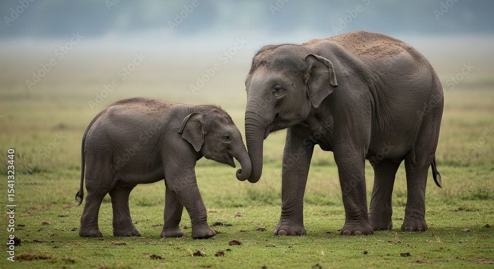 Naklejka premium A baby elephant gently holding its mother's trunk as they walk across a grassy field. Soft lighting, emotional scene, symbol of love and family bonding. Ideal for wildlife awareness themes.
