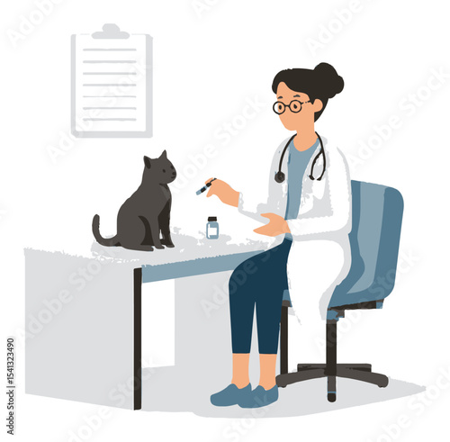Vet administering vaccine to cat in clinical setting illustration